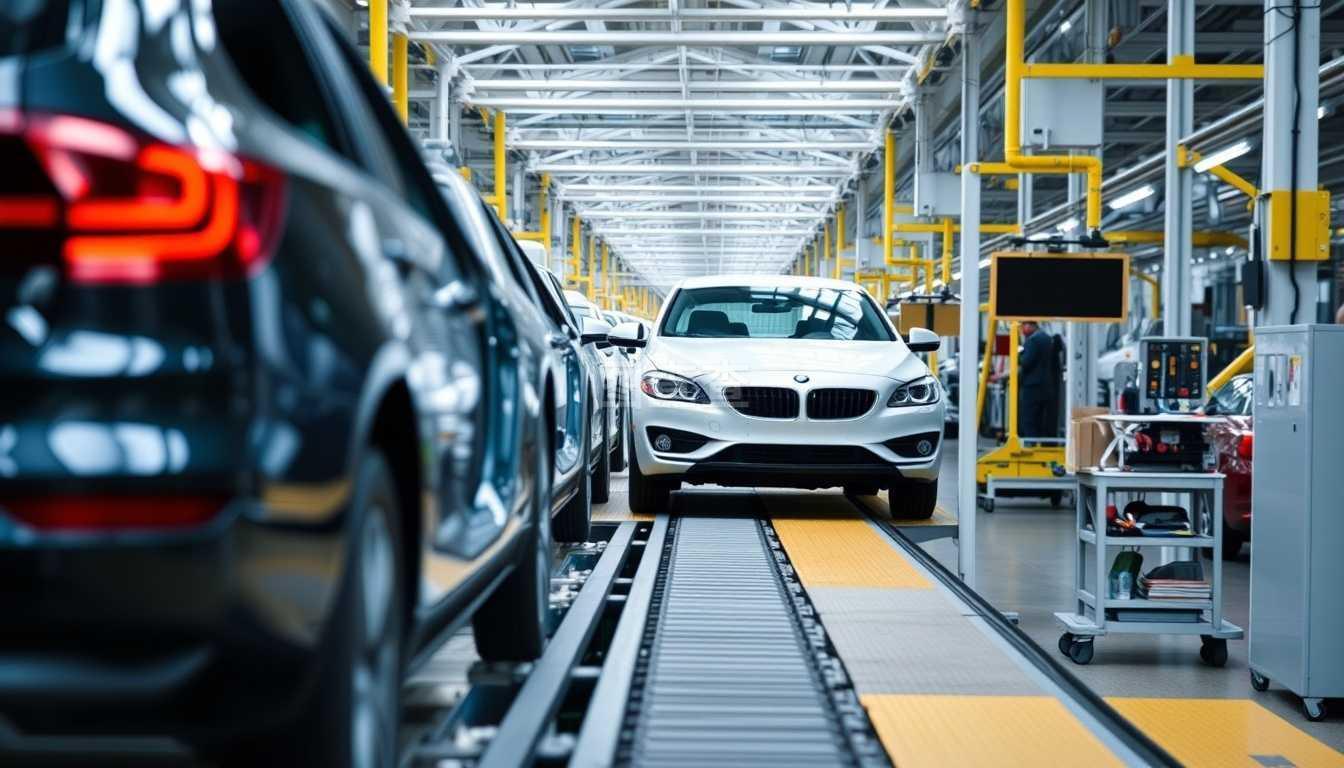 在汽車工廠的輸送線上裝配汽車。在輸送線上裝配汽車